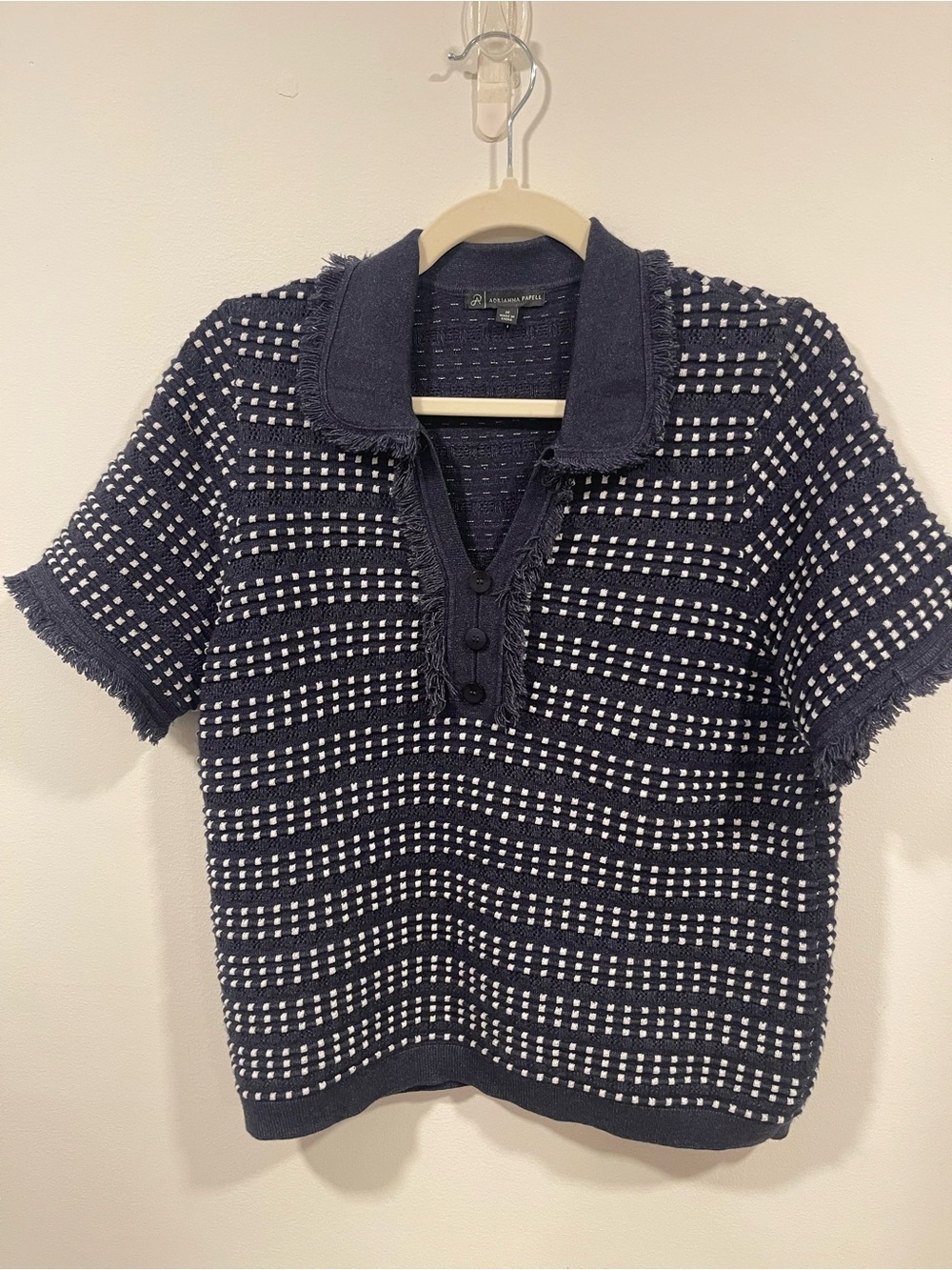 Adrianna Papell Navy Blue Knit Top with White Stitch Detail